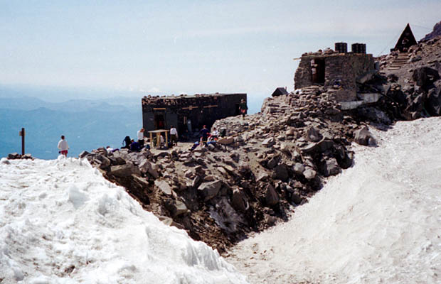 The hive of activity at Camp Muir.  These shelters are situated at 10,000'  