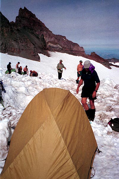 Hanging out at Camp Muir with other climbing groups