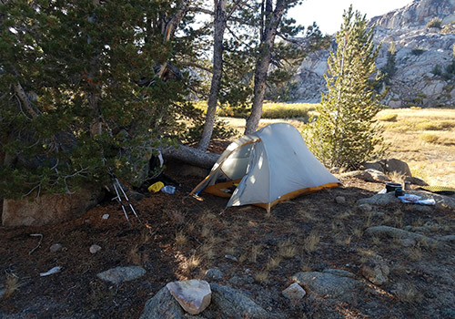 My wind sheltered campsite location at Grizzly Meadows.