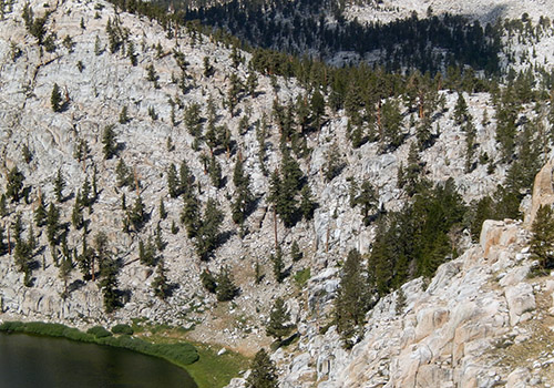 The steep gully from Soldier Lake into the lower section of Miter Basin.