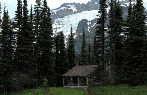 The Ranger cabin at Indian Henry's Hunting Ground. The Tahoma glacier behind