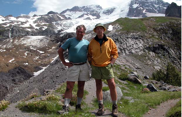 Jim and Peter at the high point on Emerald Ridge. The Tahoma Glacier above 