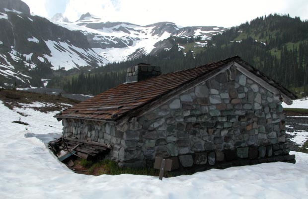 The stone hut at Indian Bar. The snow covered ridges we'd descended above.