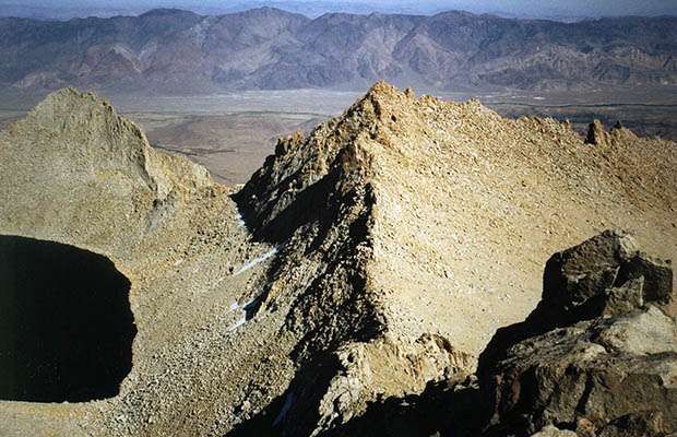 October 1991: View from the summit of Mt. Russell [14,086'] to Tulainyo Lake and Mt. Carillon