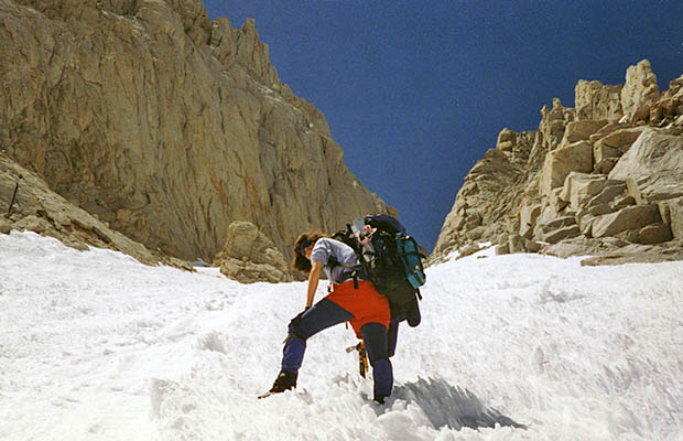 April-May 1996: Lucy ascending the Mountaineer's Route Couloir, filled with snow