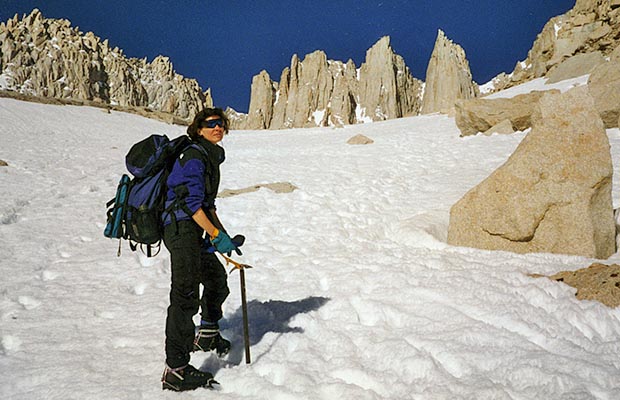 April-May 1996: Lucy on our descent from Trail Camp.  Plenty of snow this time of year.