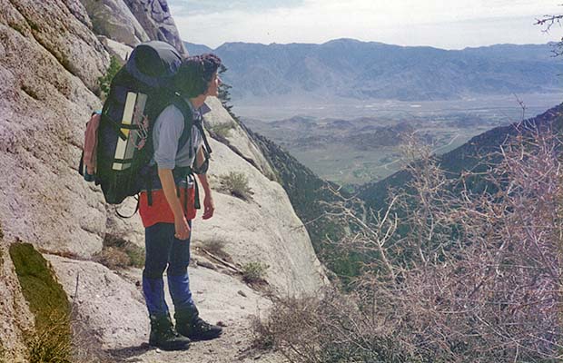 April-May 1996: Lucy negotiating the Ebersbacher Ledges on the Mountaineer's Route.