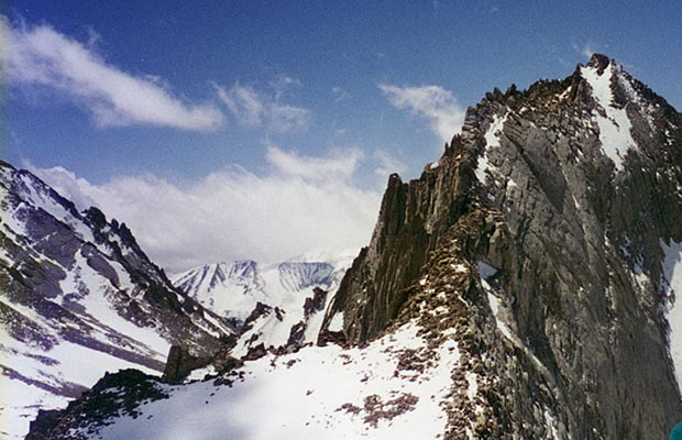April-May 1996: On the Carillon plateau, looking up the east ridge of Mt. Russell.